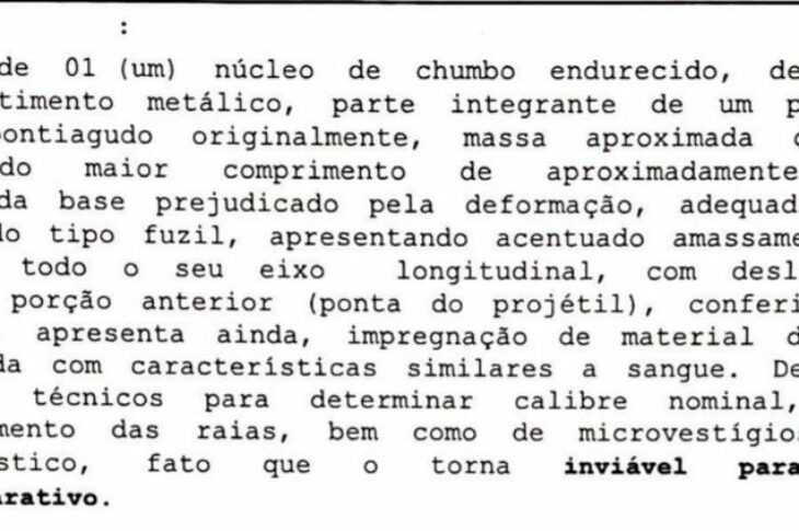 Trecho de laudo do ICCE sobre projétil do corpo da menina Ágatha — Foto: Reprodução