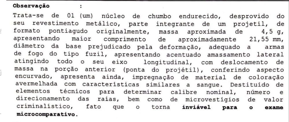 Trecho de laudo do ICCE sobre projétil do corpo da menina Ágatha — Foto: Reprodução