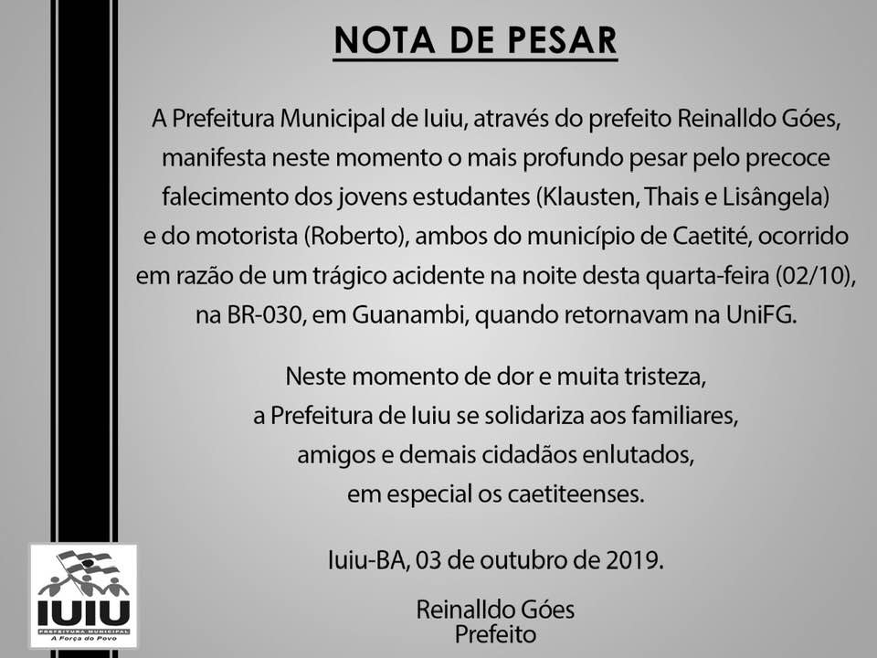Nota de Pesar da Prefeitura de Iuiú