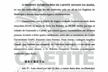Prefeitura de Caetité decreta luto oficial de 3 dias.