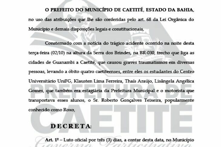Prefeitura de Caetité decreta luto oficial de 3 dias.