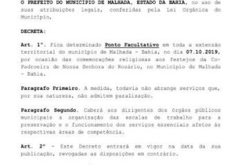 Prefeitura de Malhada decreta ponto facultativo nesta segunda-feira (7)