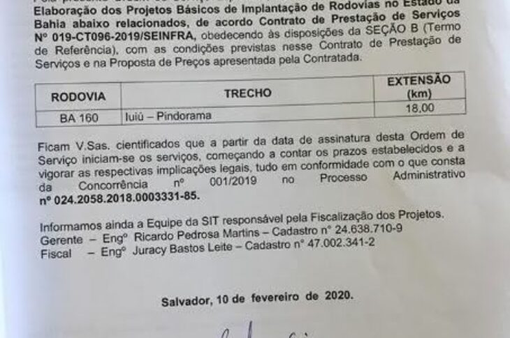 Ofício autorizando realização dos estudos da BA-160,em Iuiú.Divulgação.