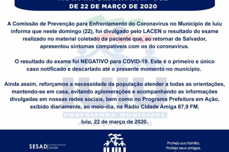 Caso suspeito de coronavírus testa negativo em Iuiú.Foto: reprodução Iuiú