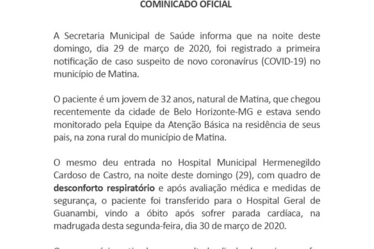 Nota da Secretaria de Matina