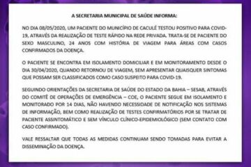 Boletim Epidemiológico divulgado pela secretaria de Saúde de Caculé. Foto: divulgação.