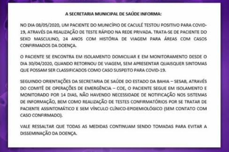 Boletim Epidemiológico divulgado pela secretaria de Saúde de Caculé. Foto: divulgação.