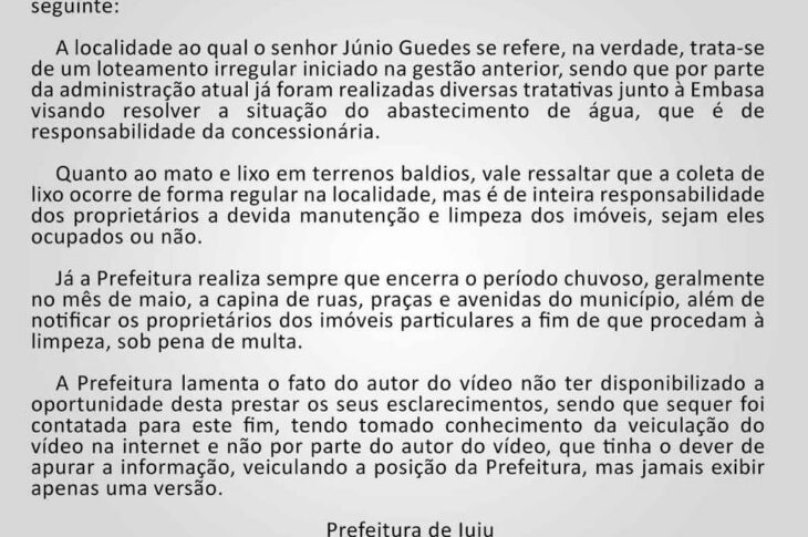 Nota da Prefeitura de Iuiú.
