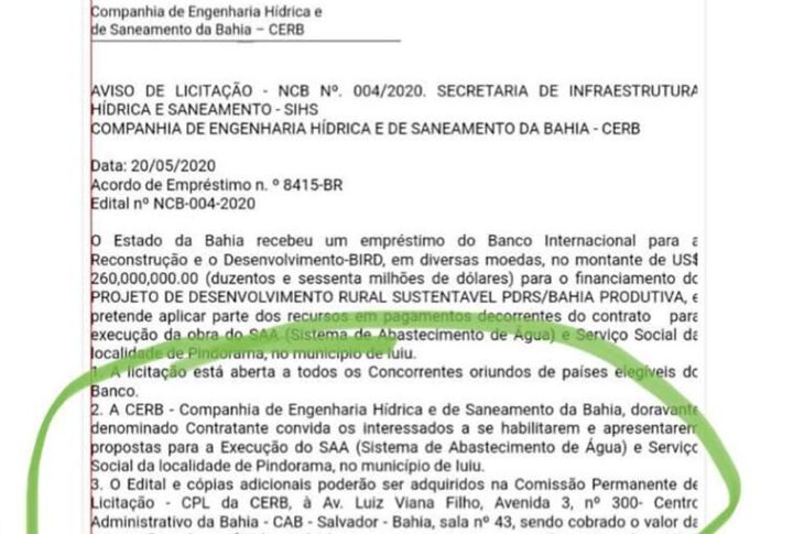 Aviso de licitação para Pindorama.