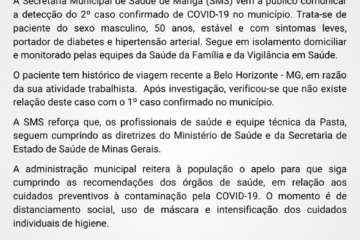 Boletim epidemiológico da secretaria de Manga. Foto: divulgação.