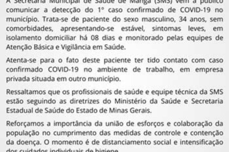 Boletim da secretaria de Saúde de Manga. Foto: divulgação.