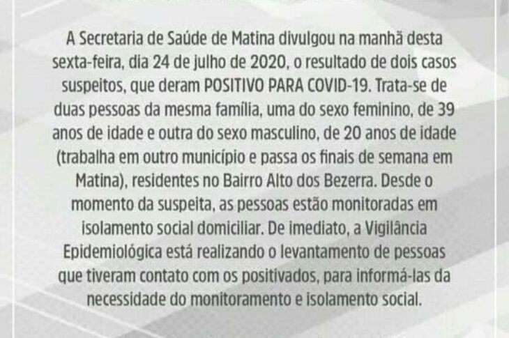 Nota da Secretaria de Saúde.