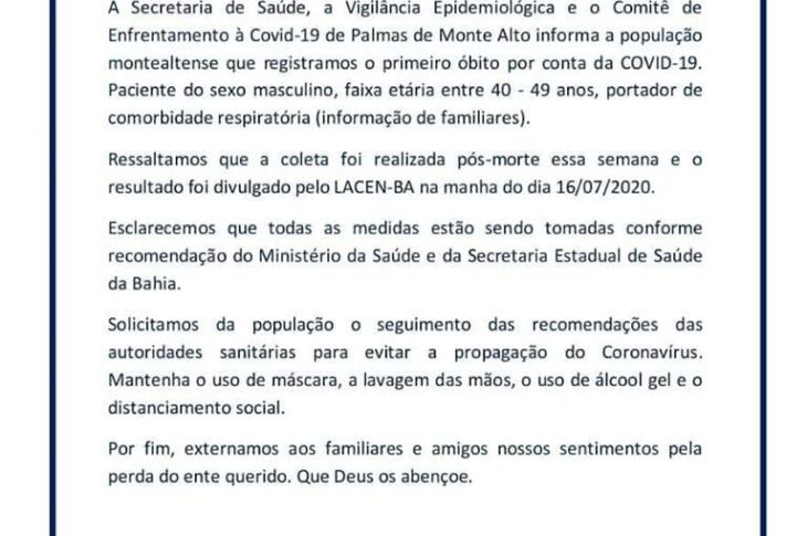 Nota da Secretaria de Saúde.