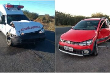 Ambulância e um Saveiro após acidente na BR-030 em Palmas de Monte Alto. Foto: reprodução Agência Sertão.