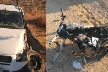 Colisão entre carro e moto na BR-122 em Guanambi, com duas pessoas feridas. Foto: redesocial.