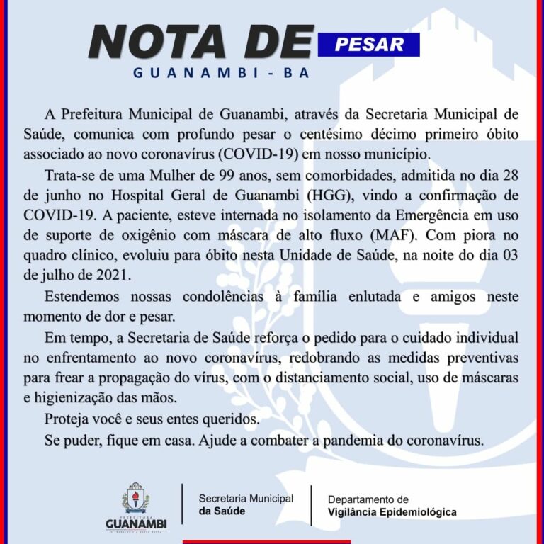 Guanambi registra o 111º óbito por Covid19 Folha do Vale