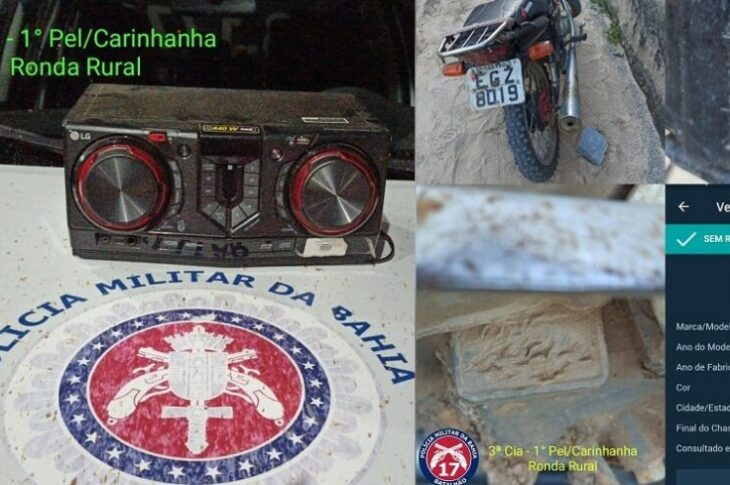 Moto e som apreendidos em Carinhanha. Foto: PM.