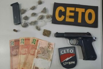 Drogas e arma apreendidas em Guanambi, durante rondas pelo Ceto. Foto: PM.