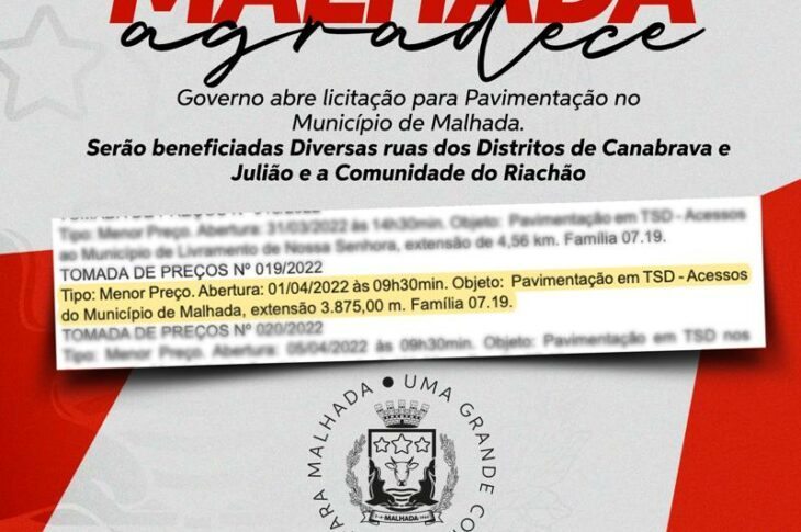 Governo abre licitação para pavimentação de ruas em Malhada. Divulgação.