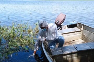 Equipe da Vigilância coletado água na lagoa do Mocambo. Foto: Vigilância Sanitária.