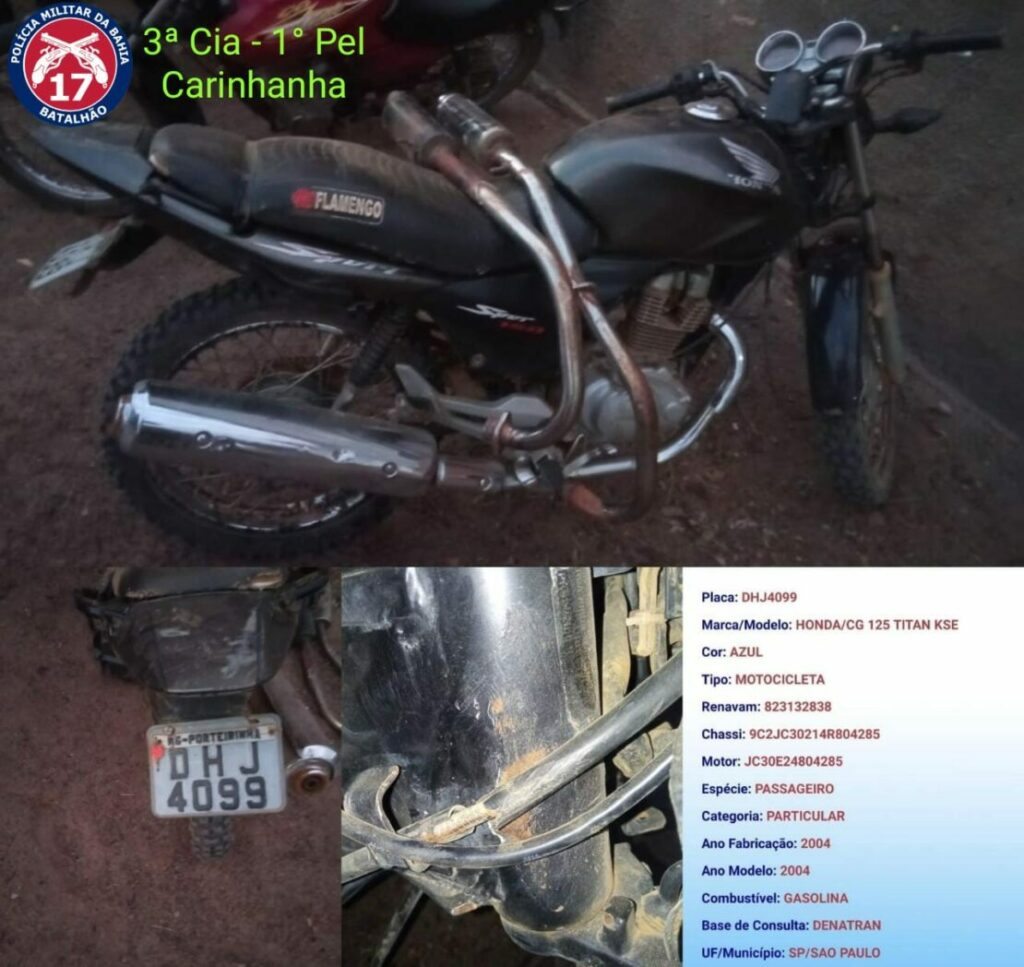 Moto apreendida pela PM. Foto: PM.