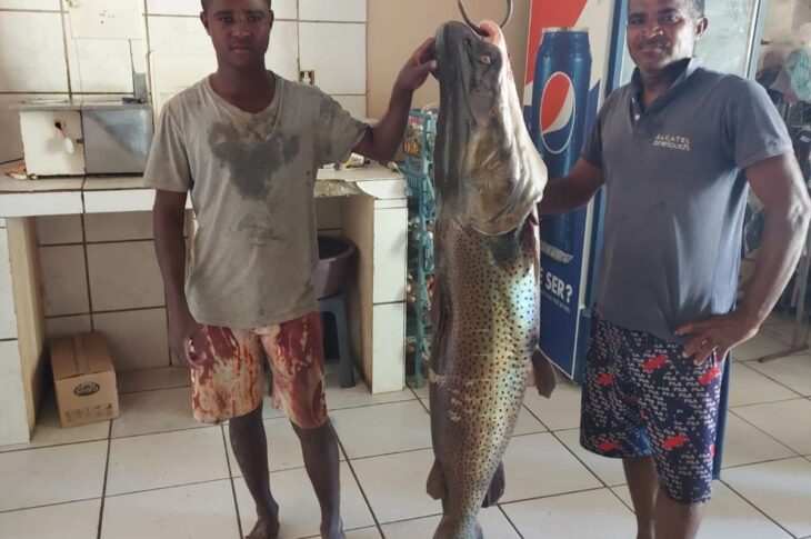 Pescadores ao lado do surubim. Foto: Roberto Castro.