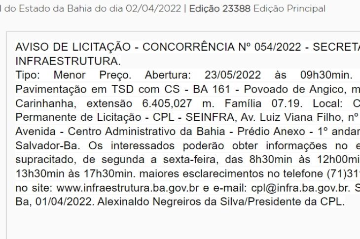 Governo da Bahia pública licitação para pavimentação asfáltica da estrada do Angico: Foto: reprodução Secretaria de Infraestrutura.