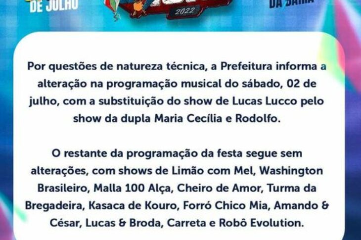 Mudança na programação. Foto: reprodução prefeitura Iuiu