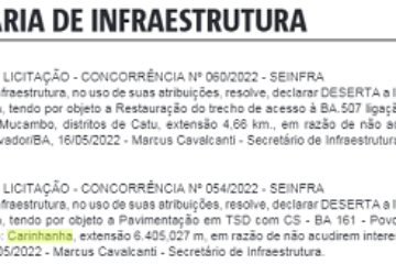 Licitação para asfaltar estrada Angico BA-161 é deserta. Foto: reprodução Diário Oficial