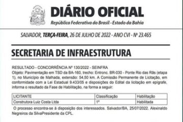 A Construtora Luiz Costa LTDA vence licitação para executar obras de pavimentação da BA-160. Foto: reprodução DOE.