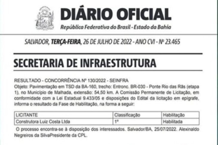 A Construtora Luiz Costa LTDA vence licitação para executar obras de pavimentação da BA-160. Foto: reprodução DOE.