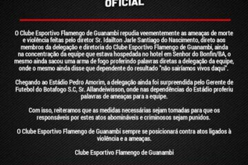 Nota Oficial do Flamengo de Guanambi. Foto: reprodução Flamengo de Guanambi