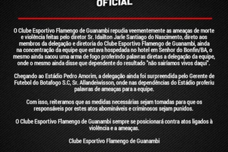 Nota Oficial do Flamengo de Guanambi. Foto: reprodução Flamengo de Guanambi
