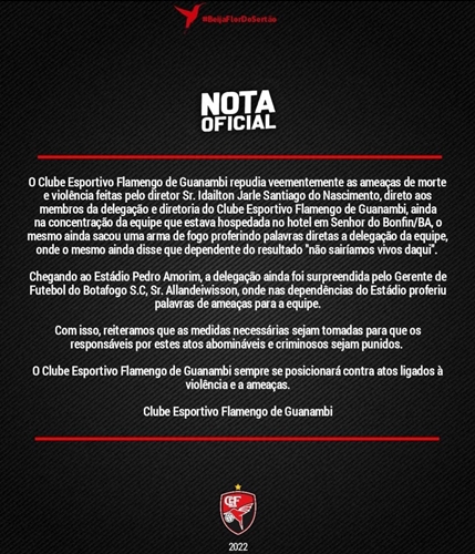 Nota Oficial do Flamengo de Guanambi. Foto: reprodução Flamengo de Guanambi