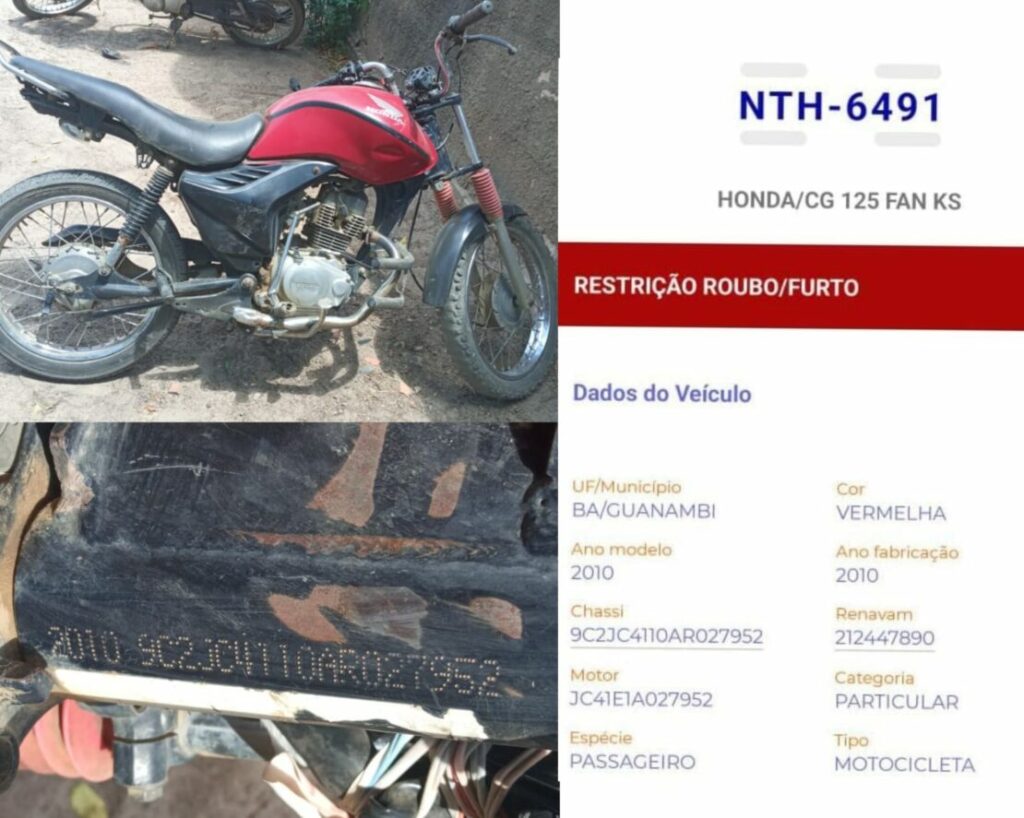 Moto apreendida. Foto: Polícia Militar