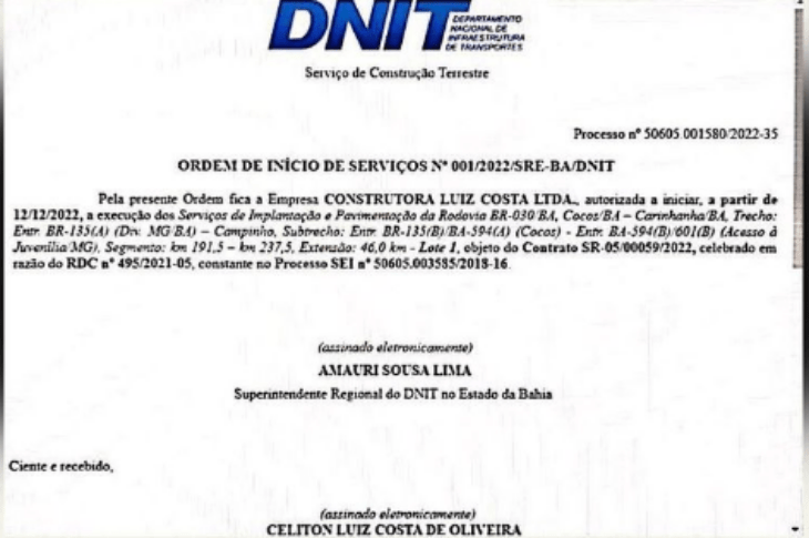 Autorização do DNIT. Foto: Reprodução DNIT