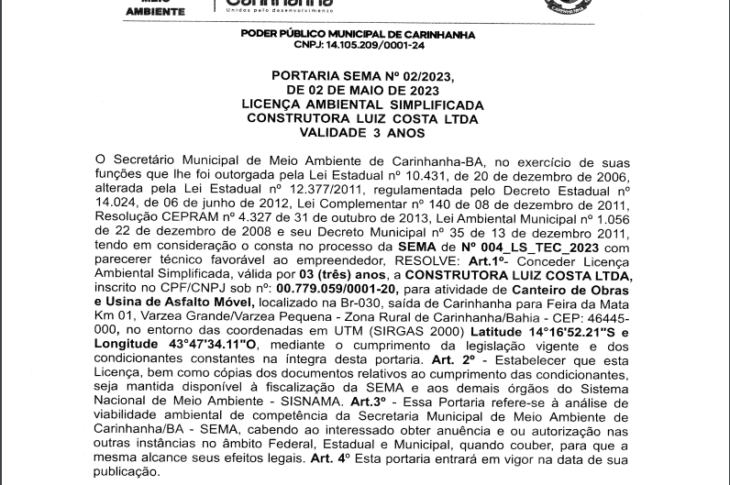 Autorização para construção de canteiro de obras. Reprodução DOM.