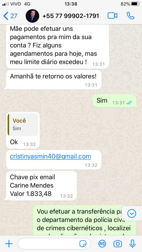 Mensagem enviada pelo criminoso
