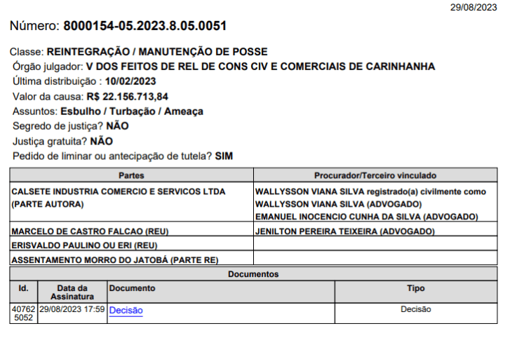 Decisão da Comarca de Carinhanha. Foto: reprodução