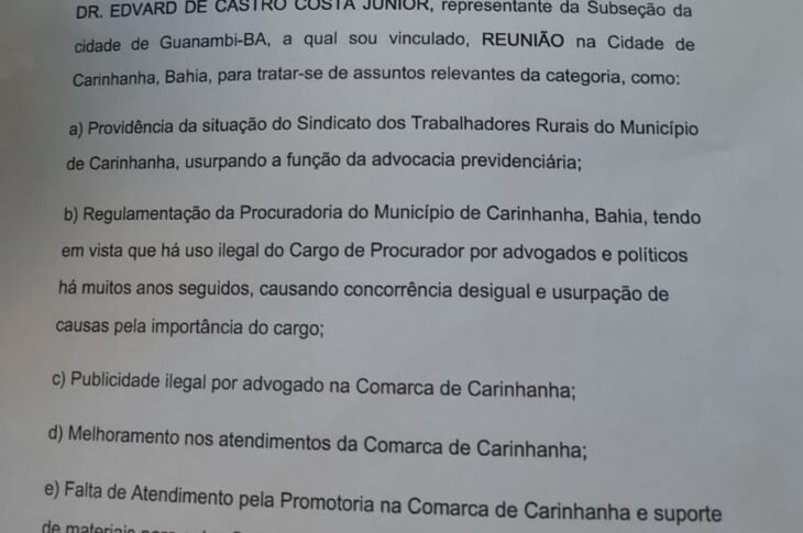 Ofício entregue na OAB