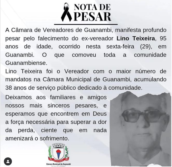 Morre Lino Teixeira, em Guanambi. Foto: Reprodução Câmara de Guanambi.