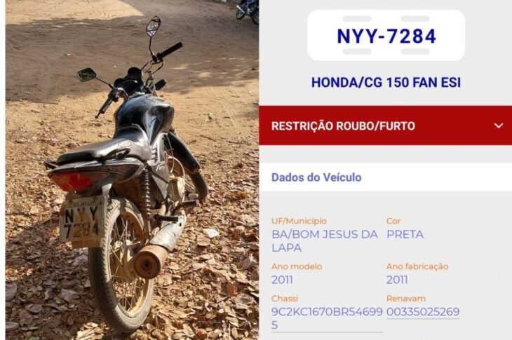 Moto roubada é encontrada em Carinhanha. Foto: Polícia Militar