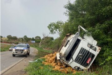 Caminhão tomba na BR-030, em Caetité. Foto: Polícia Militar