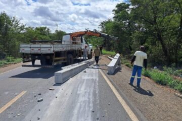 Caminhão carregado com poste tomba na BR-030. Foto: Polícia Militar