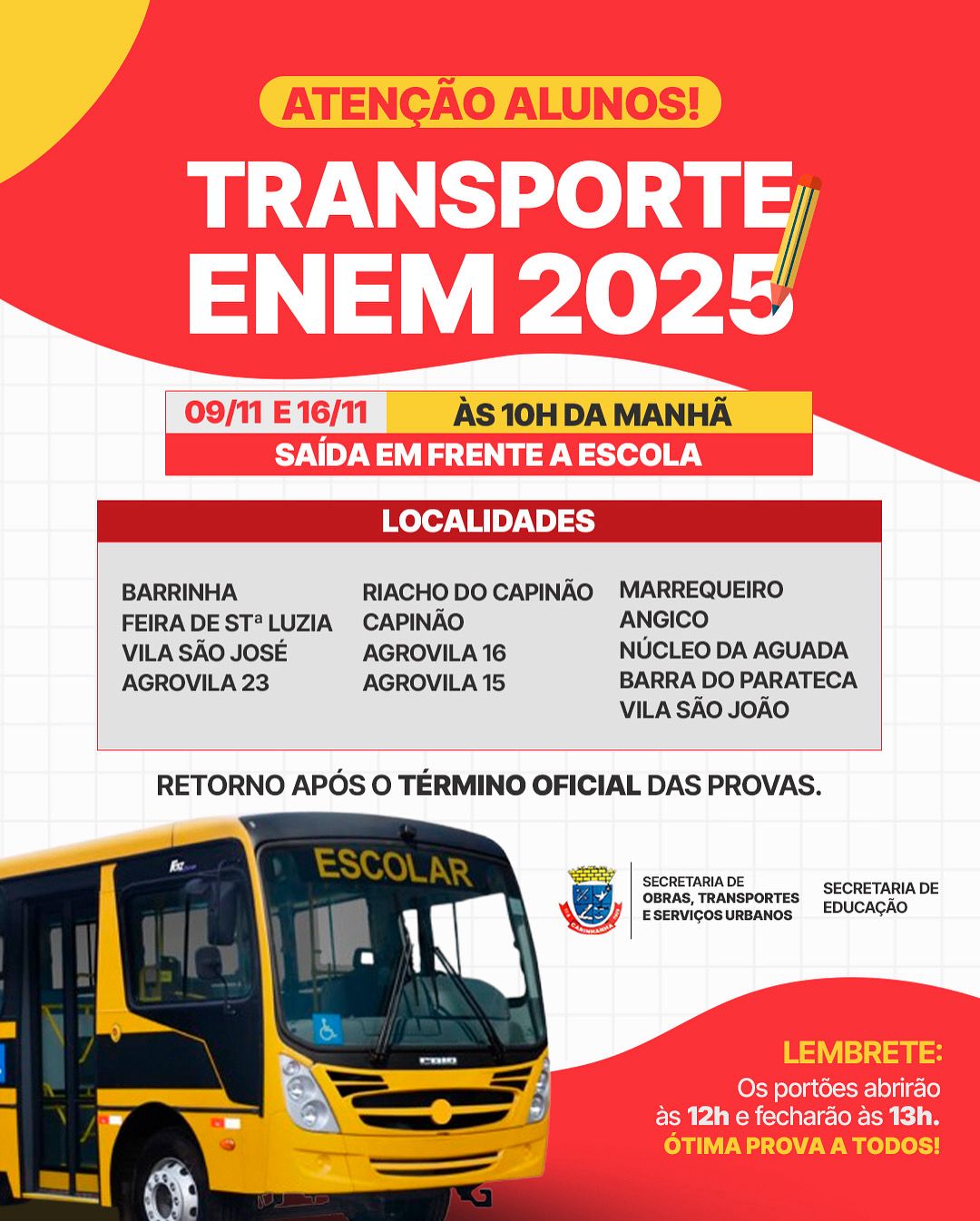 Prefeitura garante transporte gratuito para estudantes durante o Enem ...