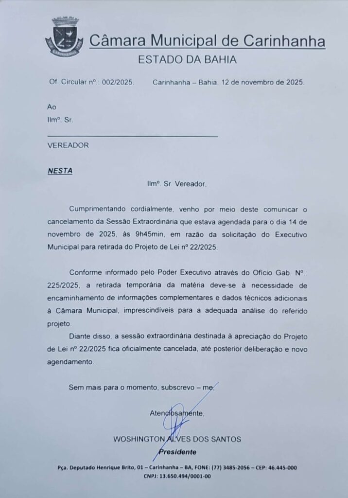 Empréstimo de R$ 28 milhões é retirado de pauta e votação é adiada em Carinhanha